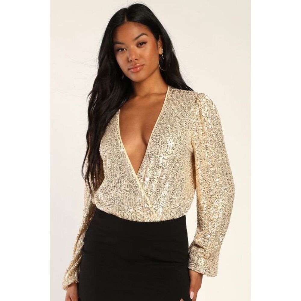Lulus Never Ending Glam Champagne Sequin Surplice Bodysuit Gold - Size M